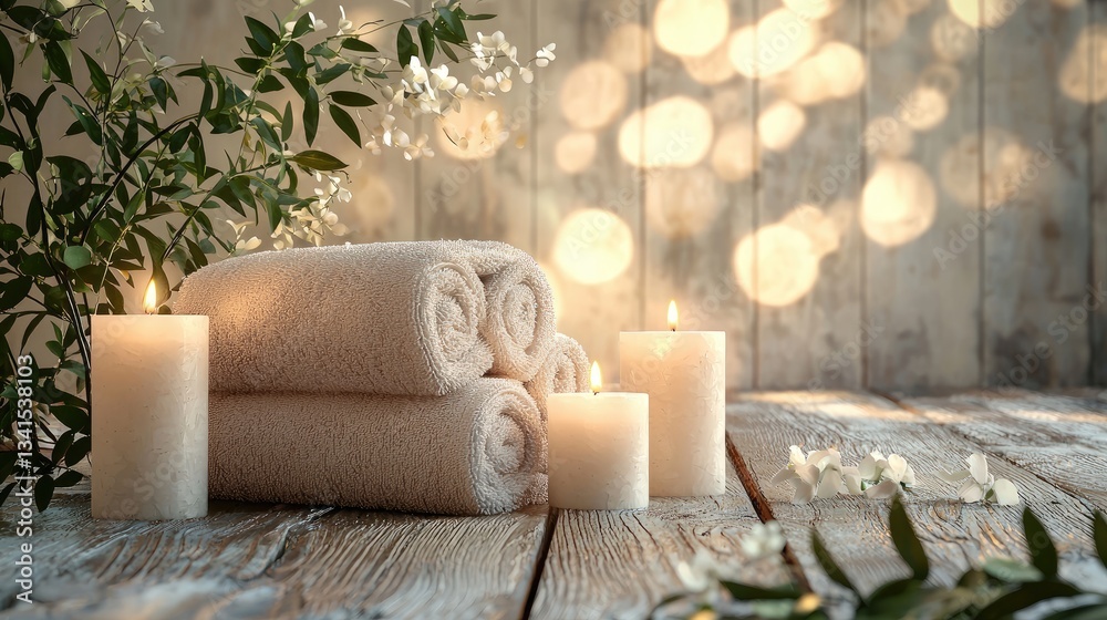 A tranquil spa room with candles and soft towels A tranquil spa room with candles and soft towels