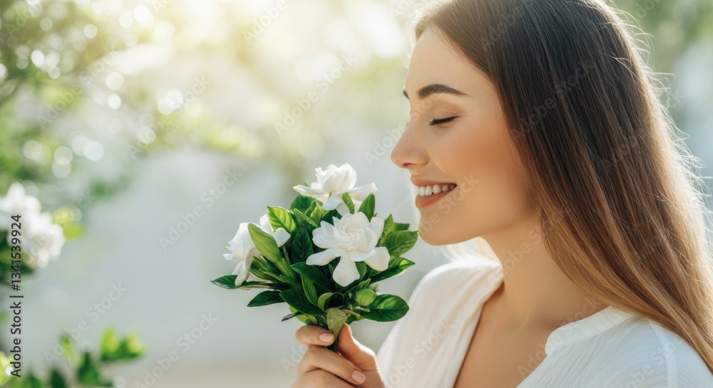 Young caucasian female enjoying fragrant white flowers in sunlit garden Young caucasian female enjoying fragrant white flowers in sunlit garden