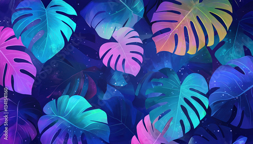 Vibrant digital illustration of neon-colored monstera leaves set against a deep cosmic blue background