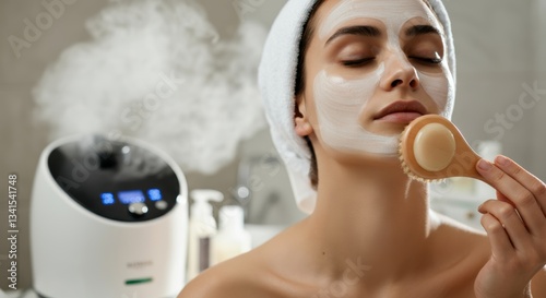 Young caucasian female enjoying skincare routine with facial mask and steamer