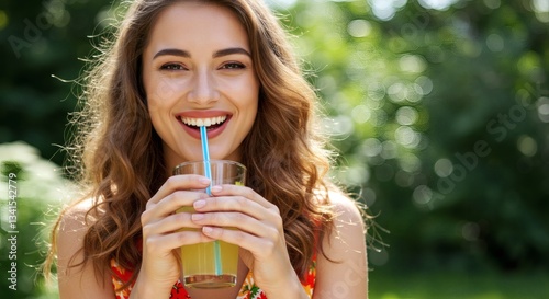 Woman Drinking Refreshing Juice with Straw, Smiling Outdoors in Natural Light