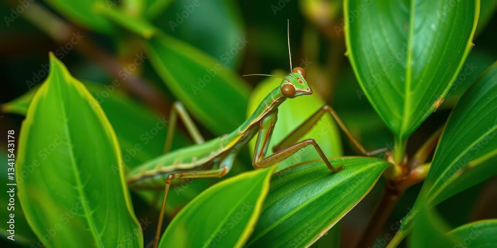 Camouflaged praying mantis poised to strike amidst vibrant green leaves, attack, insect Camouflaged praying mantis poised to strike amidst vibrant green leaves, attack, insect