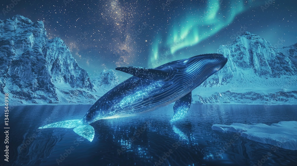 Fototapeta premium A colossal, translucent whale glides through a breathtaking landscape of towering, ice-crystal mountains. The air is crisp, filled with drifting 