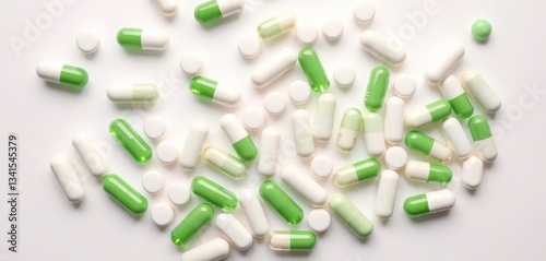 Clean, minimalist pattern of green and white pills on white background, tablets, clean