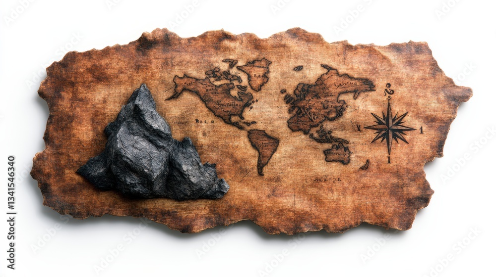 Fototapeta premium Aged treasure map of the world with compass rose resting on a white background beside dark rock creating a sense of adventure and exploration vibes.