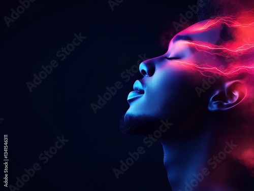 Young man with glowing neon light flowing around his head, symbolizing the connection between thought processes and creative ideas in an abstract dark atmosphere