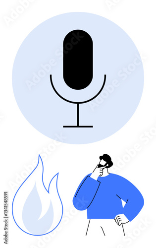 Microphone in a blue circle, flame, and thinking man. Ideal for voice, creativity, communication, passion, innovation podcasting storytelling. Flat simple metaphor