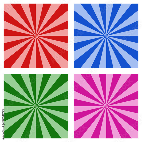 Set of square sunburst backgrounds with various colors