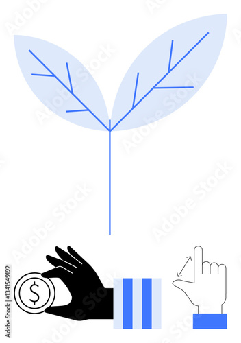 Simple plant sprout with two leaves symbolizing growth, black hand holding a dollar coin for financial sustainability, and a hand gesture suggesting selection. Ideal for ecology, finance, investment