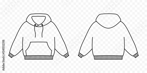 Hoodie front and back view with outline. Sweater white sleeves unisex with hood for everyday wear and sports