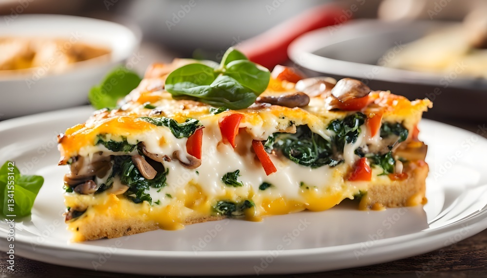 Piece of egg frittata with spinach, roasted peppers, mushrooms, cheese, on plate, horizontal closeup Piece of egg frittata with spinach, roasted peppers, mushrooms, cheese, on plate, horizontal closeup