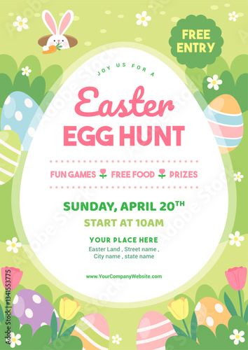 Easter egg hunt poster vector illustration. Easter eggs in spring meadow and rabbit hole