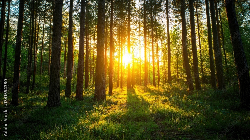 Obraz premium Sunlight filtering through the trees in a peaceful forest.