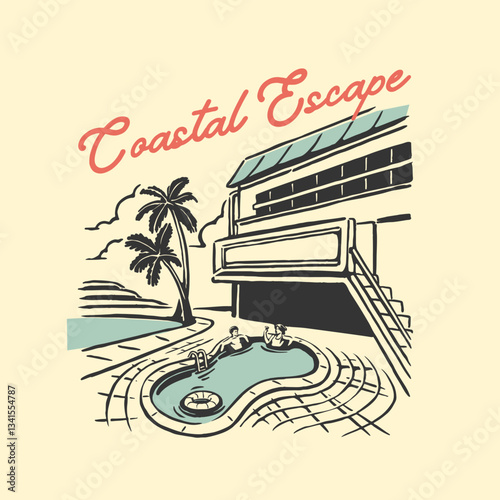 A retro-style illustration of a tropical resort poolside scene featuring a stylish hotel with palm trees and a leisure area, designed in a vintage aesthetic.