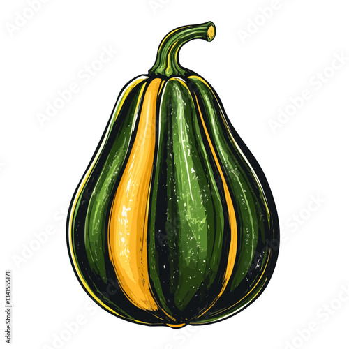 A hand-drawn colorful Acorn Squash. Trendy abstract minimal style. Natural fresh Dill. Vector illustration isolated on white