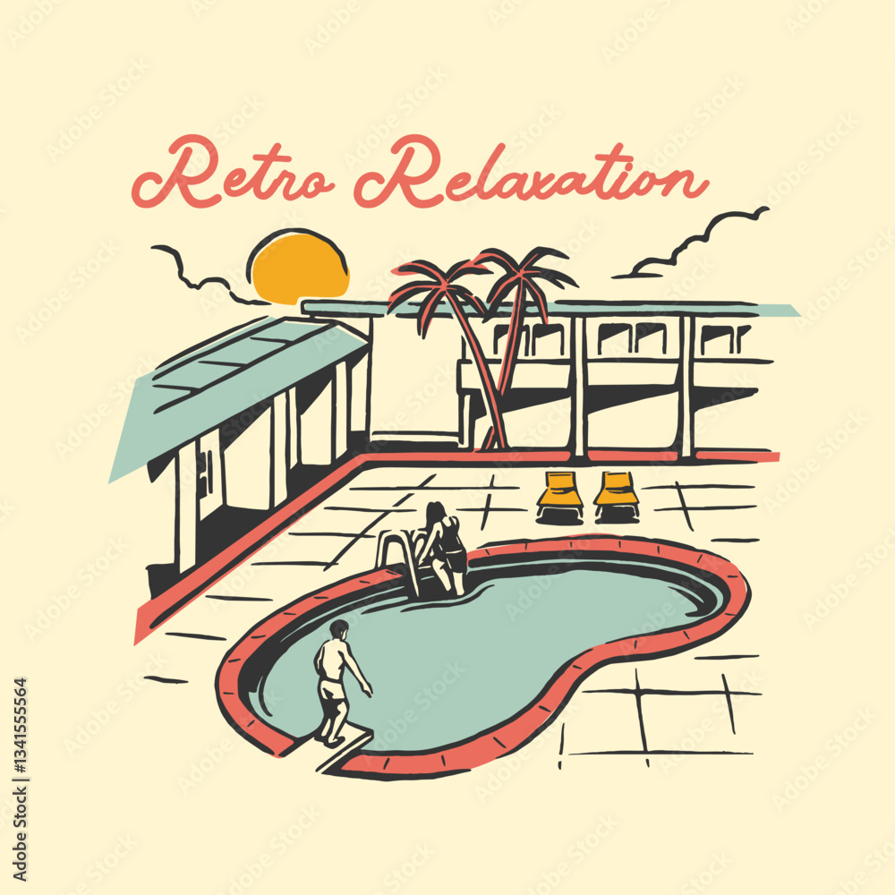 Φωτογραφία A stylish vintage poolside illustration depicting a relaxed atmosphere at a retro-inspired resort, featuring sun loungers, palm trees, and a scenic swimming pool