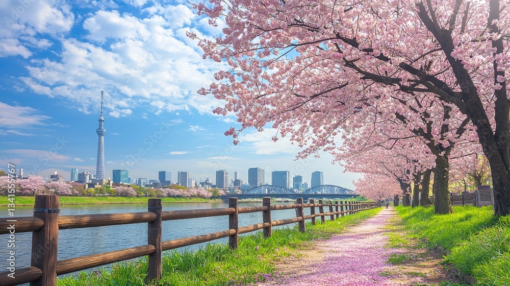 A stunning cherry blossom tree stands gracefully by the river, its delicate pink petals gently falling onto the vibrant green grass and a rustic wooden fence A stunning cherry blossom tree stands gracefully by the river, its delicate pink petals gently falling onto the vibrant green grass and a rustic wooden fence