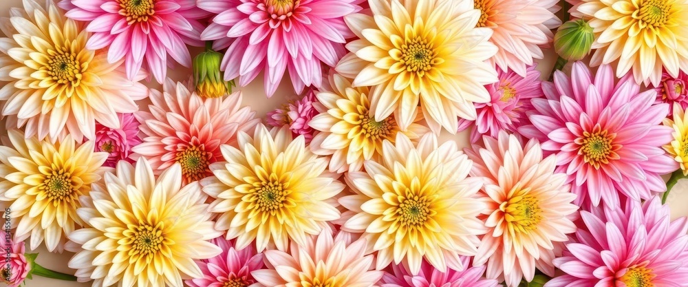 Delicate pastel yellow & pink dahlia blooms seamlessly arranged on a cream background, dahlia pattern, artwork Delicate pastel yellow & pink dahlia blooms seamlessly arranged on a cream background, dahlia pattern, artwork
