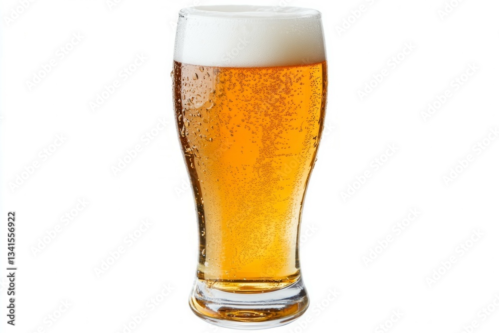 Tall beer glass with foamy head on white background. Neural network AI generated Tall beer glass with foamy head on white background. Neural network AI generated