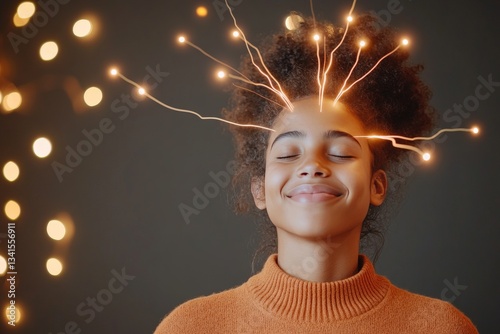 Woman with curly hair smiling serenely and wearing an orange sweater, surrounded by abstract light particles representing inner peace and mindfulness captured in motion