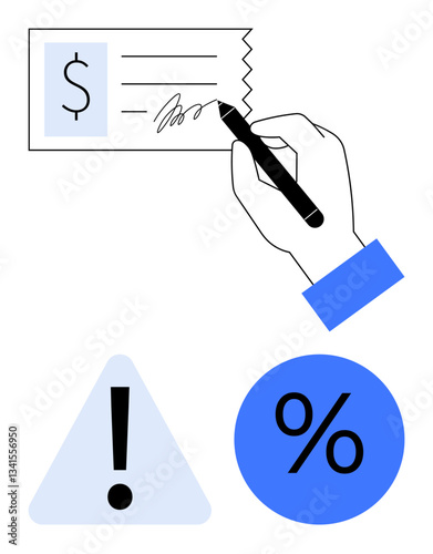 Hand holding pen to sign check, accompanied by triangular warning symbol and percentage icon. Ideal for finance, banking, money management, risk, alert, calculation contract themes. Flat simple