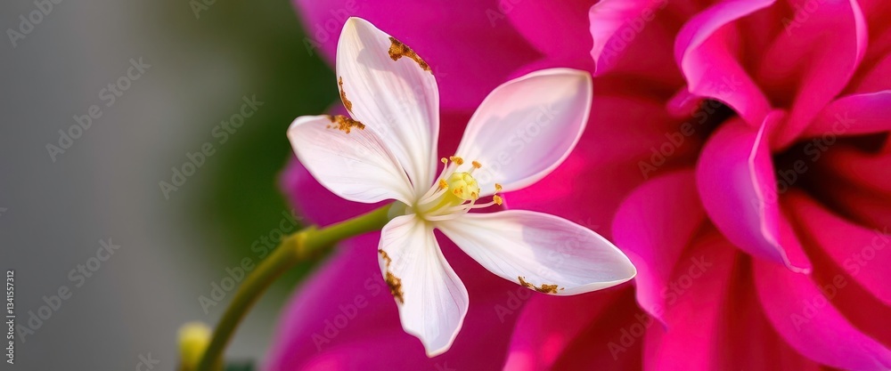 Delicate white flower with brown-tinged petals beside a vibrant pink bloom, color, closeup Delicate white flower with brown-tinged petals beside a vibrant pink bloom, color, closeup
