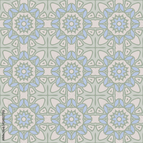 Trendy bright color seamless mandala pattern in gray blue green for decoration, paper, tiles, textiles, carpet, pillows. Home decor, interior design, cloth design.