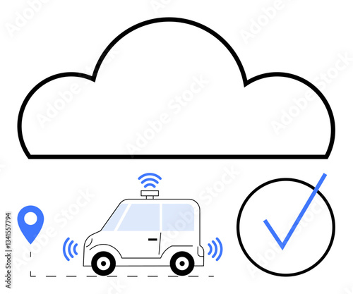 Self-driving car linked to cloud, emitting signals, located via GPS pin, validated with check. Ideal for AI, cloud computing, smart tech, autonomy IoT navigation innovation. Flat simple metaphor