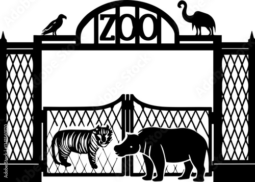 Zoo animals illustration including various species, SVG with clean lines. Black and White Zoo Gate with Animals and Decorative Elements