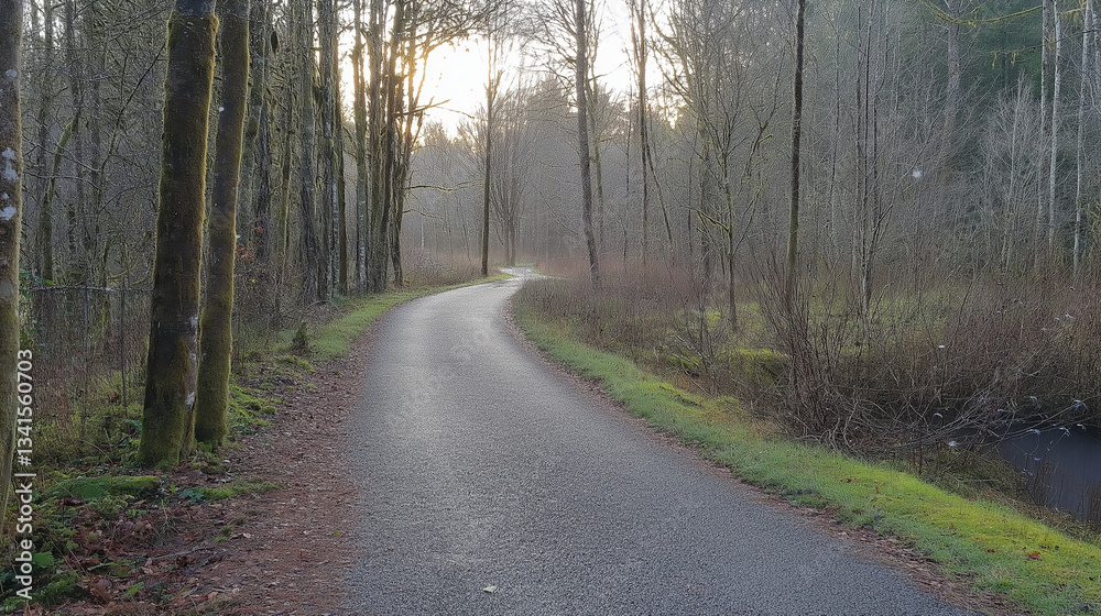 Fototapeta premium Invigorating long empty jogging path meandering alongside a serene forest offering peaceful exercise ambiance vibes