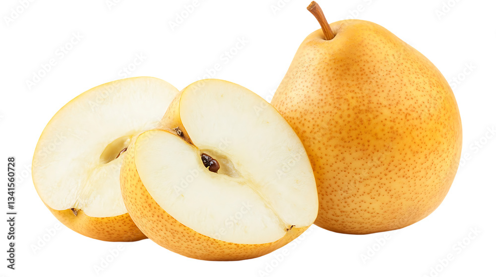 Fototapeta premium A whole and halved Asian pear are pictured closely