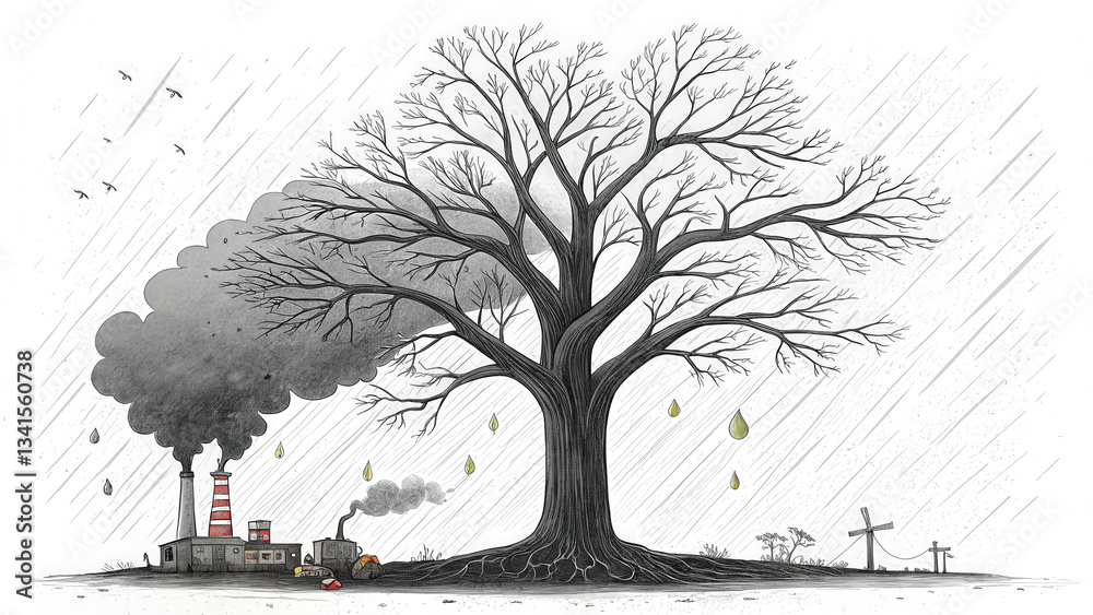 Fototapeta premium A dead tree under a polluted sky symbolizes environmental degradation and climate change.