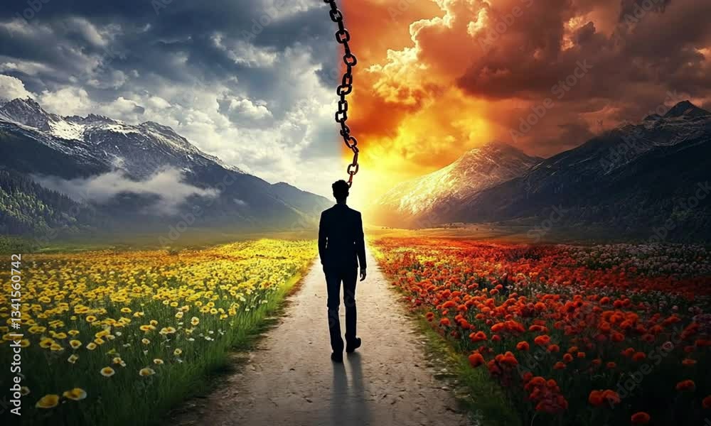 Young person standing at a crossroads facing a bright future or a dark ...