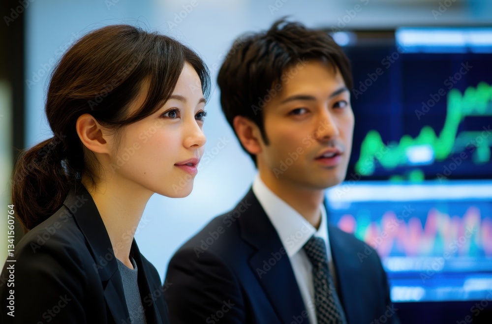 Japanese male and female executives discussing Japanese male and female executives discussing