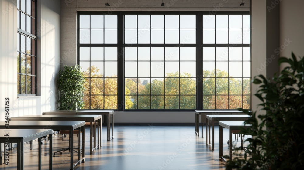 Fototapeta premium Chic Industrial Open Plan Coworking Space with Large Windows