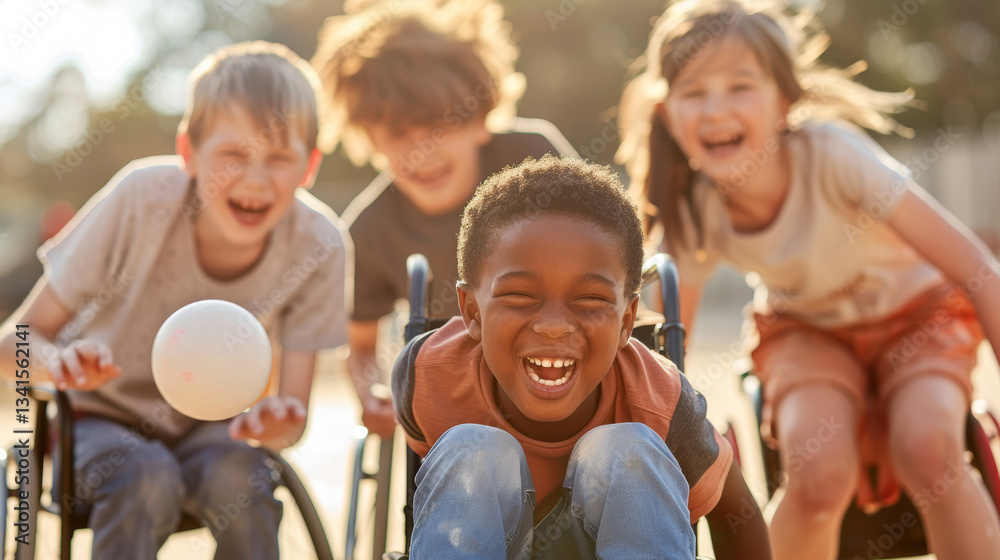 Fototapeta premium Children playing wheelchair sports outdoor park photography joyful environment dynamic view