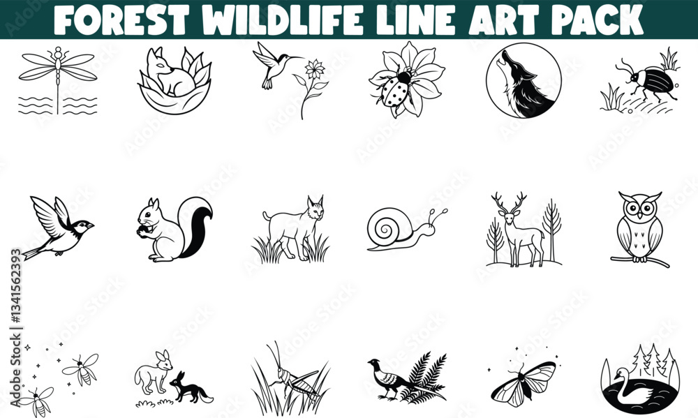 Fototapeta premium Forest Wildlife Line Art Pack Downloadable Nature Illustrations