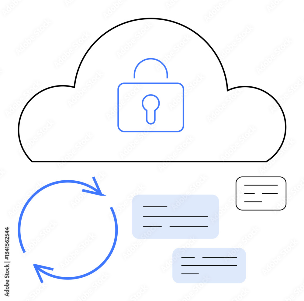 Padlock within cloud representing security, circular arrows for synchronization, and text blocks for data storage. Ideal for cloud computing, security, data management, privacy, synchronization
