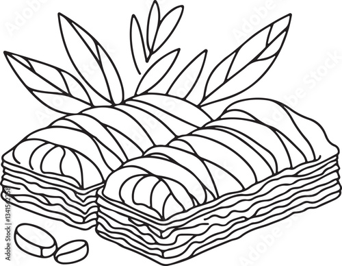 Elegant Baklava Illustration in Line Drawing Style