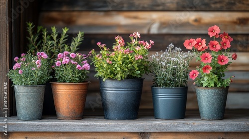Wallpaper Mural Five potted flowering plants on a rustic wooden shelf. Torontodigital.ca