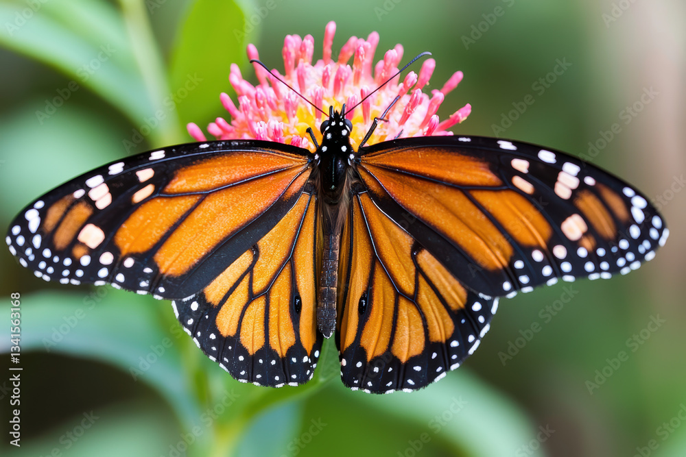 Fototapeta premium vibrant butterfly resting on pink flower, showcasing its stunning orange and black wings