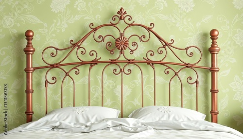 Elegant wrought iron headboard, light green floral motif, furniture, wrought iron