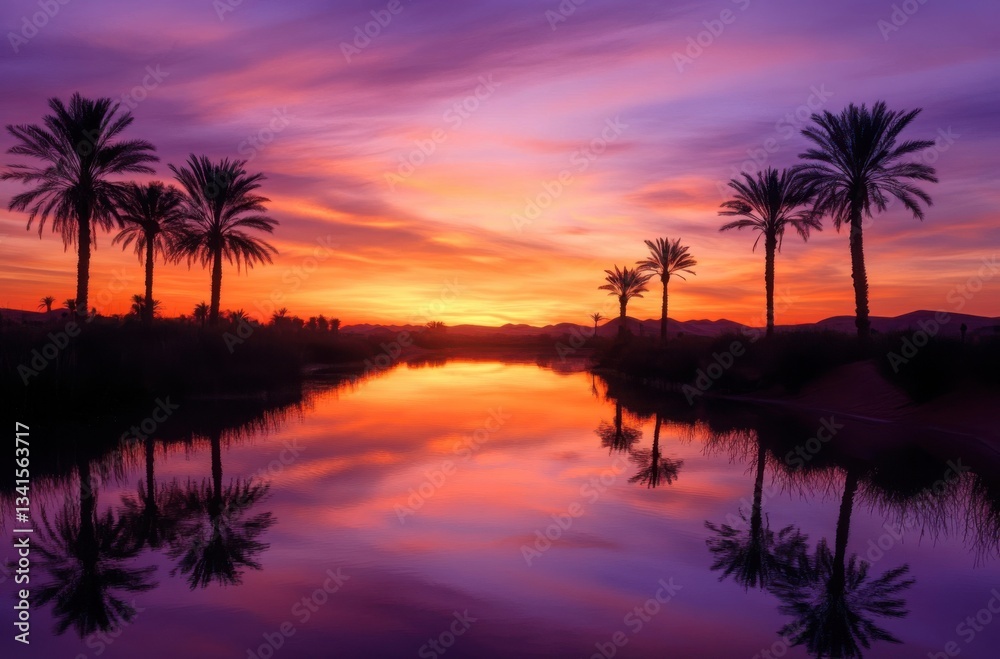 Magnificent oasis in the heart of the desert at sunset,