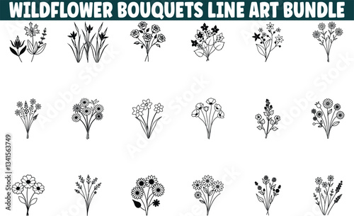 Wildflower Bouquet Line Art Bundle Printable Floral Designs