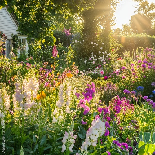 Beautiful english cottage garden with lots of different perennial flowers in the morning summer sunshine