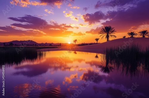 Magnificent oasis in the heart of the desert at sunset,