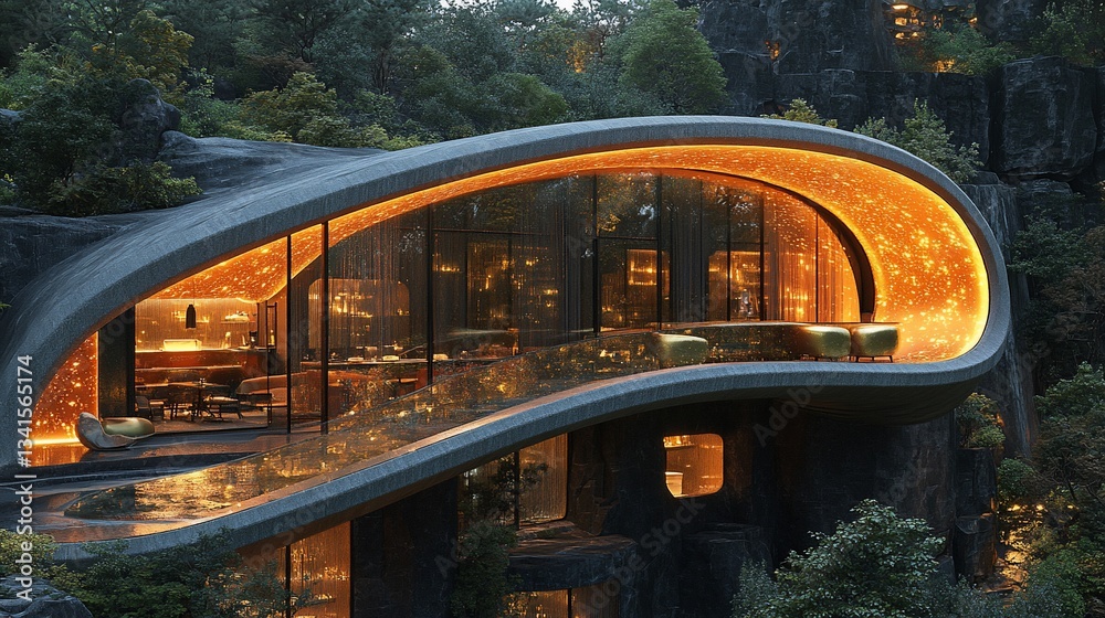 Fototapeta premium Curving cliffside house with illuminated interior.