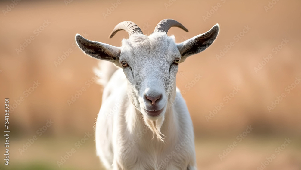 Close-up portrait of a cute brown goat with horns in a green pasture on a summer day Close-up portrait of a cute brown goat with horns in a green pasture on a summer day