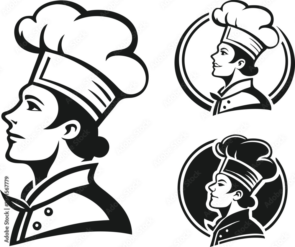 Profile view of a chef in a chef's hat, ideal for restaurant logos. Profile view of a chef in a chef's hat, ideal for restaurant logos.