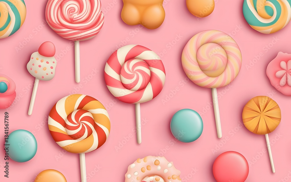 Seamless candy land pattern with swirling lollipops, gumdrops, and pastel clouds of cotton candy